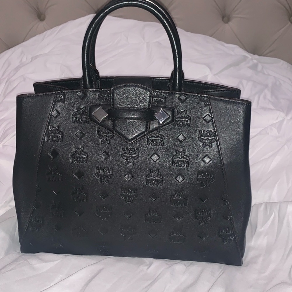 MCM Essential Monogrammed Leather Satchel (Black Embossed)
